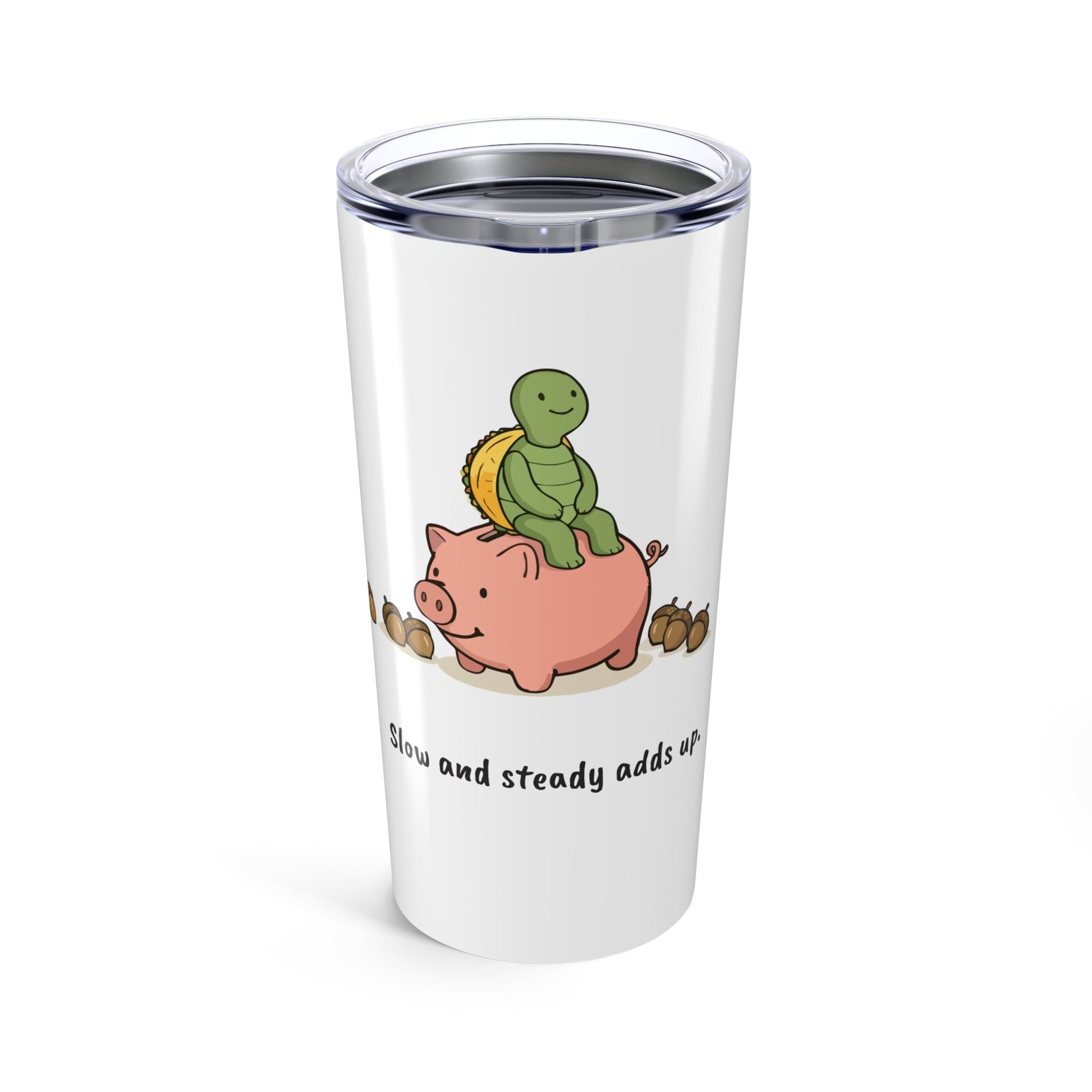 Printify Mug 20oz 20oz Tumbler — Cute Turtle Riding Pig with Acorn Border | Cute Animal Travel Cup