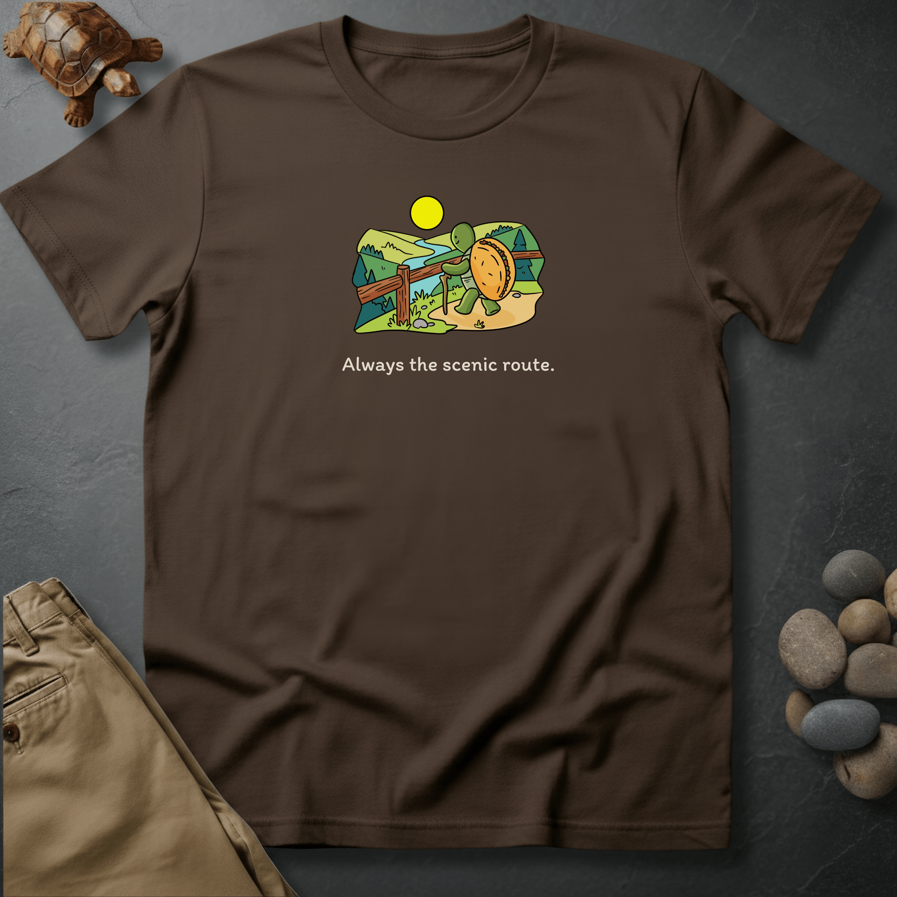 Printify T-Shirt Espresso / S Always the scenic route.